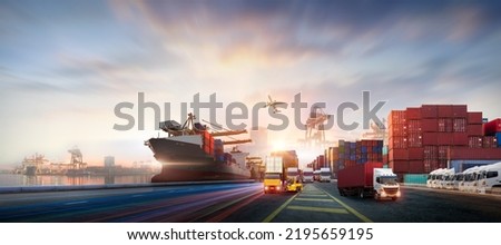 Container truck in ship port for business Logistics and transportation of Container Cargo ship and Cargo plane with working crane bridge in shipyard at sunrise, logistic import export and transport Royalty-Free Stock Photo #2195659195