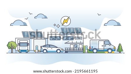 Electric car fleet with plug in company charging parking outline concept. Transport for sustainable, environmental friendly and carbon free business delivery cars vector illustration. Modern Royalty-Free Stock Photo #2195661195