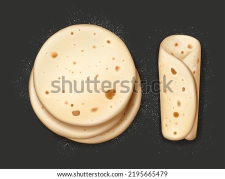Realistic pita bread with flour, vector 3d tortilla round and rolled lying on black table surface with scatter crumbles around. Arabic pancakes, lavash, pitta for burrito or shawarma crispy snack Royalty-Free Stock Photo #2195665479