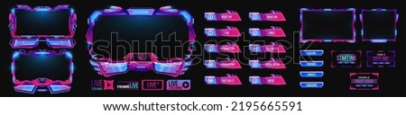 Overlay game stream interface, neon screen panel frames, vector live twitch UI buttons. Streamer gamer interface template , video stream tags and broadcast digital menu for FAQ, chat or music player Royalty-Free Stock Photo #2195665591