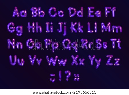 Rounded gradient font in shades of purple. Upper and lower case alphabet, punctuation marks.