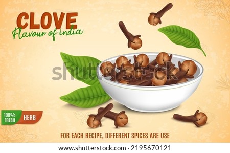 A Bowl Full of Dired cloves vector illustration with green leaves isolated on brown background Royalty-Free Stock Photo #2195670121