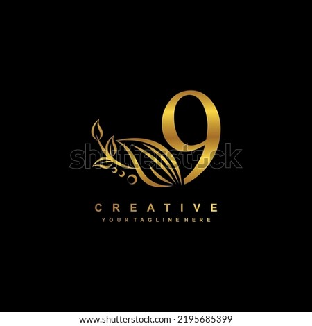 
Luxury gold number 9 design template with beautiful floral or feather ornaments. logo number 9 linked beauty flourish. typography 9, monogram number 9.