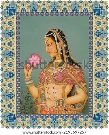 Traditional Mughal Bani Thani Queen women holding lotus vector illustration frame pattern