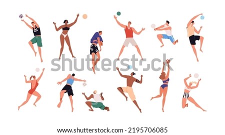 Men, women playing summer beach volleyball set. Volley ball players in action during active sport game. People in bikini at beachvolley. Flat graphic vector illustrations isolated on white