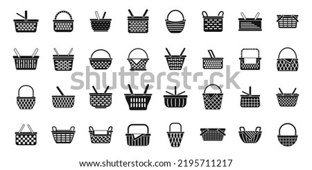 Picnic basket icons set simple vector. Fruit hamper. Food wicker Royalty-Free Stock Photo #2195711217