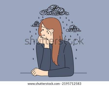 Unhappy young woman suffer from depression and repetitive thoughts. Upset female cry struggle with mental disorder and stress. Psychology problem concept. Vector illustration. 