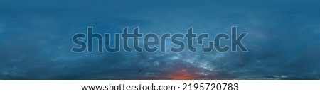 Dark blue twilight sky panorama with Cumulus clouds. Seamless hdr 360 panorama in spherical equiangular format. Full zenith or sky dome for 3D visualization, sky replacement for aerial drone Royalty-Free Stock Photo #2195720783