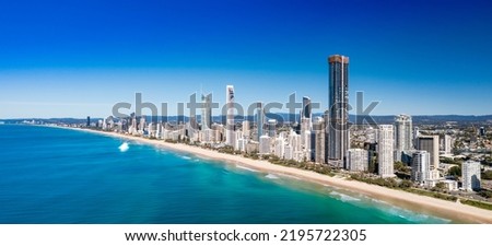 Aerial view of the stunning Gold Coast skyline on a sunny day, Queensland, Australia Royalty-Free Stock Photo #2195722305