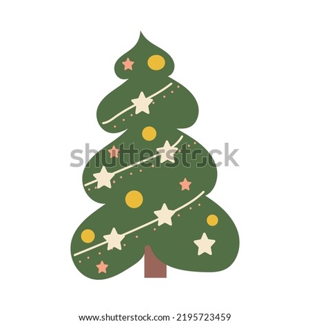 Cute stylish christmas tree isolated on white background in cartoon style. Decorated with Christmas balls, and a red star. Vector illustration.