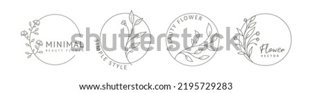 Logo templates in minimal linear style with hand drawn flowers. Elegant floral frame. Delicate botanical trendy vector illustration for labels, corporate identity, wedding invitation Royalty-Free Stock Photo #2195729283