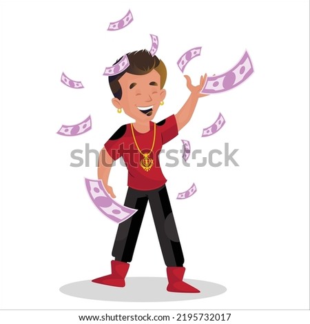 Indian boy is happy and flying money in the air. Vector graphic illustration. Individually on a white background.