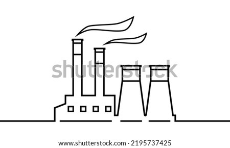 Line industrial factory or power plant (powerhouse) with smoke black outline icon flat vector design. Royalty-Free Stock Photo #2195737425