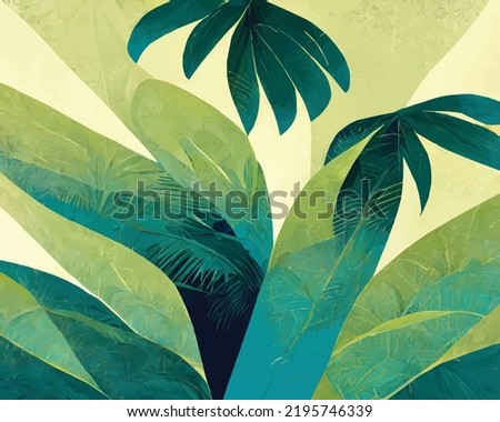 Abstract illustration of palm trees. Beach mood, summer mood. Green and blue tones.