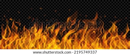 Translucent fire flames and sparks with horizontal repetition on transparent background. For used on dark illustrations. Transparency only in vector format