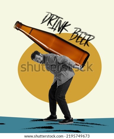 Friday mood. Man carrying huge beer bottle. Contemporary art collage. magazine style. Concept of festival, holidays, fun, joy, traditions, drinks and snacks, oktoberfest, ad and sales. Surrealism