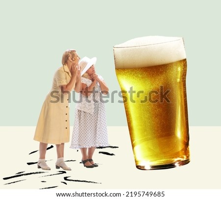 Two admiring women in front of a huge glass of foamy beer. Contemporary art collage. Concept of festival, holidays, fun, joy, traditions, drinks and snacks, oktoberfest, ad and sales. Surrealism
