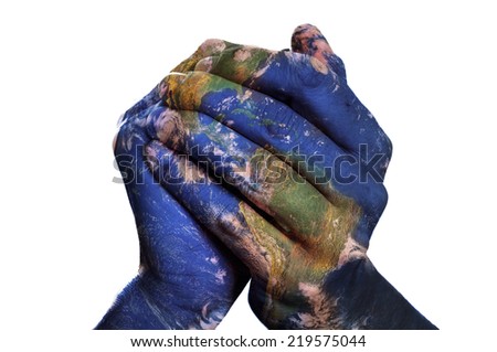 a world map in man hands forming a globe (Earth map furnished by NASA) Royalty-Free Stock Photo #219575044