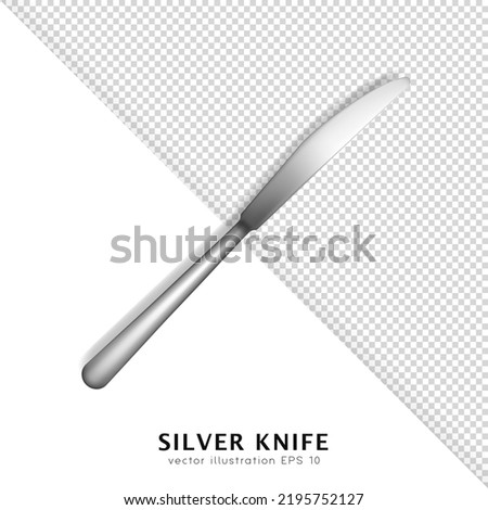 Realistic stainless steel knife template. Silver cutlery isolated on white and transparent background. 3d vector tableware, flatware, utensil mock up with clipping path
