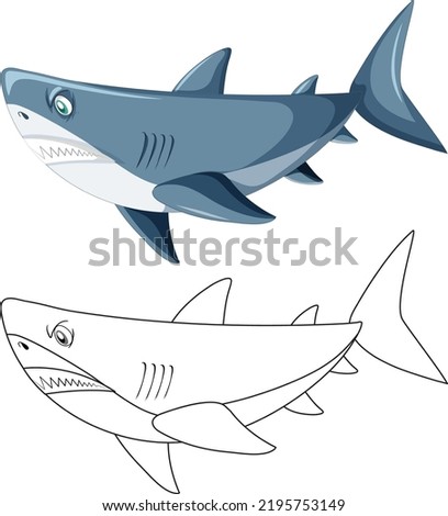 Shark cartoon character with its doodle outline illustration