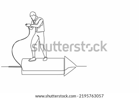 Continuous one line drawing businessman standing on firework rocket and trying to set it on fire to growth his career track. Agility or innovation for success. Single line design vector illustration