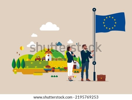 Businessman and woman in suit, male raising waving flag of European Union. Outside with beautiful landscape in background. Vector illustration.
