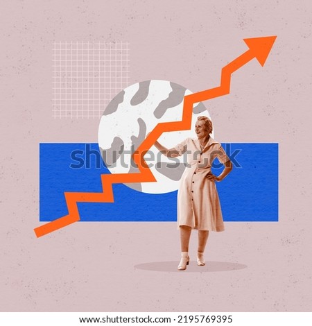 Retirement savings. Conceptual art collage with happy senior woman holding big orange arrow showing upward direction. Retro style, business, finance, deposits and income. Minimalism