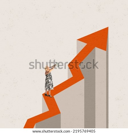 Conceptual artwork with senior woman shouting at megaphone standing on big ornage arrow showing upward direction. Economic crisis concept. Retro style, business, finance, poverty, increase pensions.