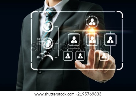 business people hand touching with virtual graphic icon diagram on dark background, human resource, contact us, digital marketing, work from home, business finance, internet network technology concept