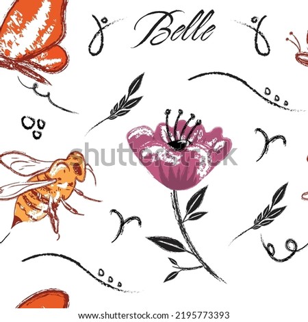 vector seamless pattern with hand drawn butterfly, bee and flower pattern on a white background. patern for printing on clothing, fabric, wrapping paper, abstract shapes  background, wallpaper