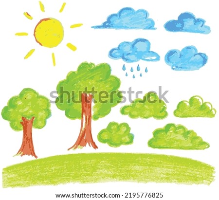 Kid's draw with a crayon.Sun, clound and tree set. Royalty-Free Stock Photo #2195776825