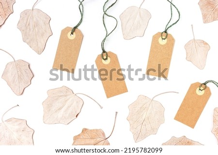 Autumn sale tag and autumnal leaves isolated on white background, copy space. Blank label from craft paper decorated fall leaf. Flat lay mock up for discount price, autumn sale and discounts.
