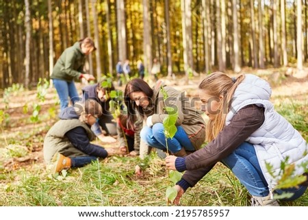 Family and volunteers plant trees in the forest as an ecological reforestation campaign Royalty-Free Stock Photo #2195785957
