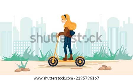Vector illustration of girl riding her electric scooter. City life and new technology.
