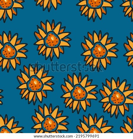 Hand draw sunflower seamless pattern. Yellow daisy on blue background. Perfect ornament for fashion fabric or other printable covers. Vector grunge line yellow flowers texture background