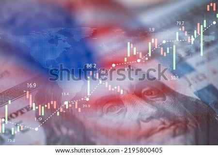 Closeup Benjamin Franklin face on USD banknote with stock market chart graph and American flag for currency exchange and global trade forex concept. Royalty-Free Stock Photo #2195800405