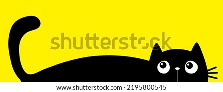 Cat hiding silhouette. Funny face head. Black kitten. Cute kawaii animal. Baby card. Notebook cover. Cartoon pet character. Sticker print. Banner. Flat design. Yellow background. Vector illustration