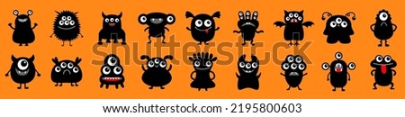 Happy Halloween. Monster icon big set line. Black silhouette. Cute kawaii cartoon funny baby character. Sticker print template.. Eyes, horn, fang teeth tongue. Flat design. Orange background. Vector