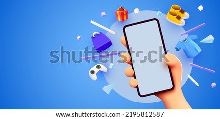 Hand holding mobile smart phone with shopp app and fashion items. Online shopping concept. Vector illustration Royalty-Free Stock Photo #2195812587