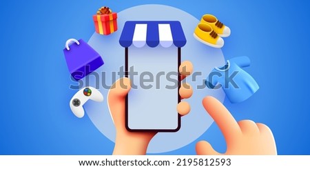Hand holding mobile smart phone with shopp app and fashion items. Online shopping concept. Vector illustration Royalty-Free Stock Photo #2195812593