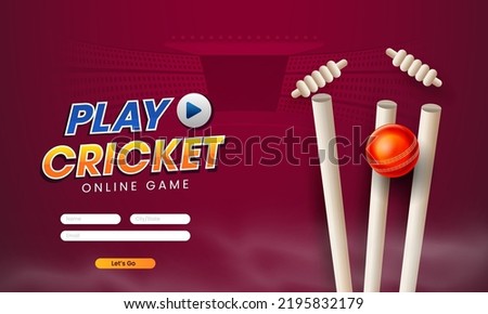 Play Cricket Online Game Concept With Realistic Ball Hitting Wicket Stump On Claret Stadium View Background. Royalty-Free Stock Photo #2195832179