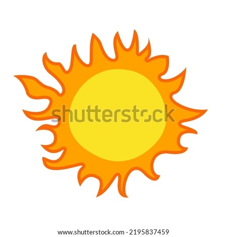 Yellow sun with orange beams crown cartoon colored doodle vector illustration isolated in bright colors on white background. Sunshine weather icon or logo summer clipart design element. Simple shape.