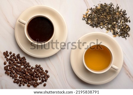 Food photography of  green tea, coffee, beans, choice