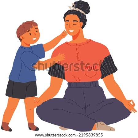 Cheerful smiling son talking to mother doing yoga, woman spend time with little boy together. Child stretched out his hands forward asks mom to take him in arms. Happy family child care and