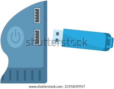 Usb flash drive storage device plugged into socket, uses flash memory connected to computer or other reader via USB interface. Modern technologies for data and information storage, electronic plug