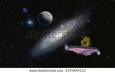 James Webb Space Telescope in Space with Andromeda Galaxy "Elements of this image furnished by NASA "