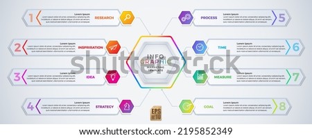 Infographic VECTOR business design hexagon icons colorful template. 8 options or steps isolated minimal style. You can used for Marketing process, workflow presentations layout, flow chart, print ad.
