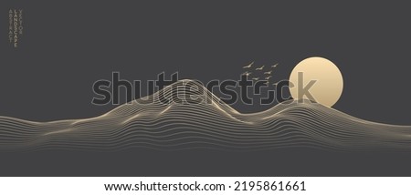 Vector abstract art landscape mountain with birds and sunrise sunset by golden line art texture isolated on dark grey black background. Minimal luxury style for wallpaper, wall art decoration. Royalty-Free Stock Photo #2195861661