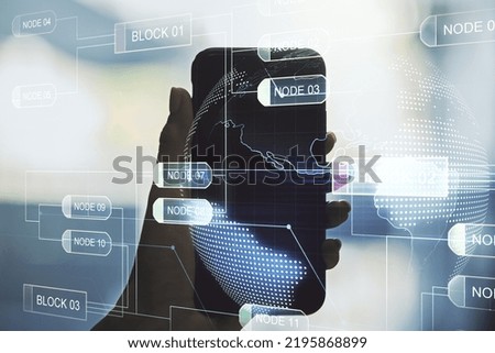 Double exposure of abstract programming language hologram with world map and hand with cell phone on background, research and development concept