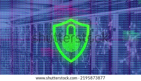Image of data processing over padlock and server room. Global business and digital interface concept digitally generated image.
